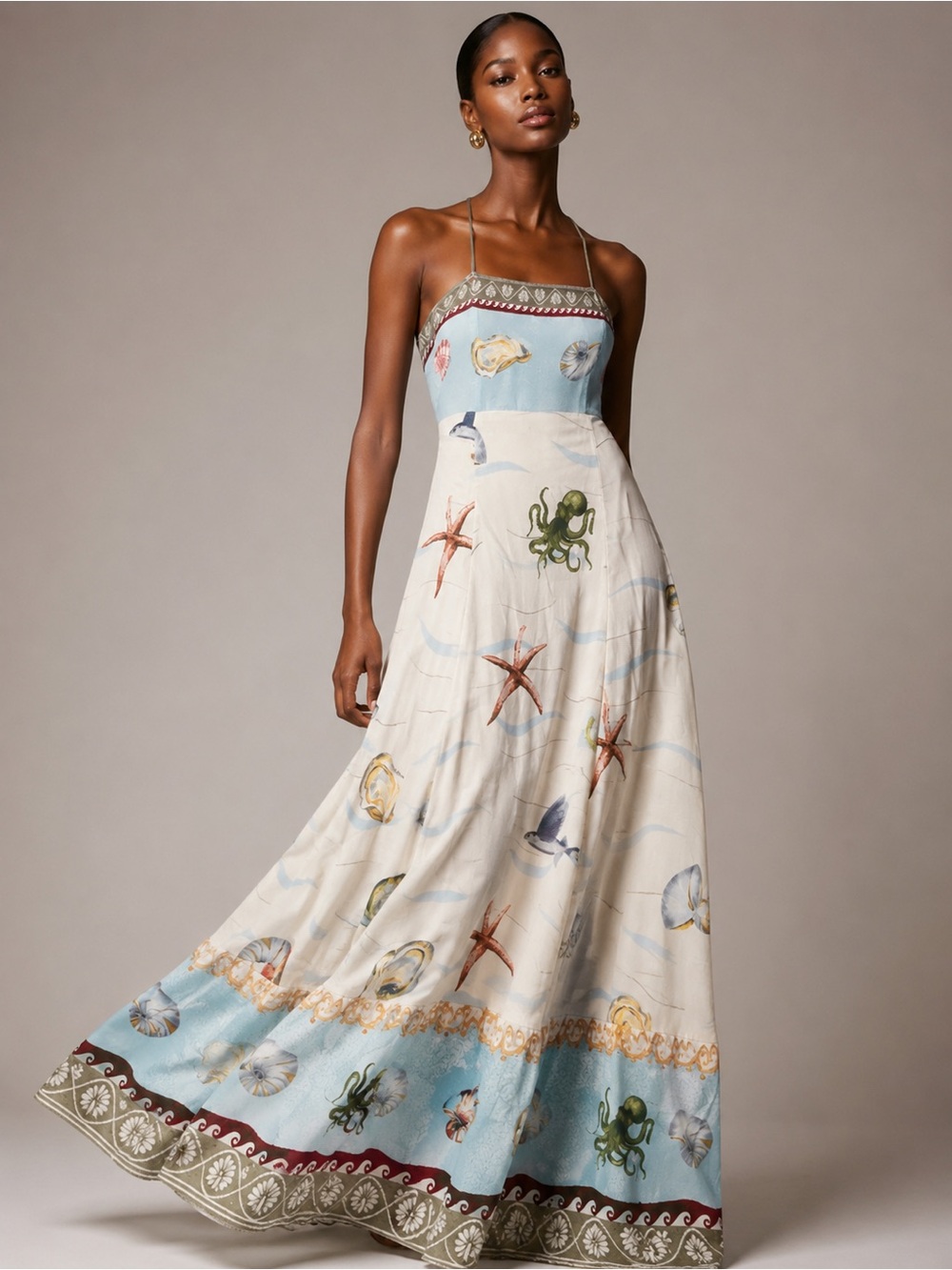 Caroline Constas Seaside Shell Print Maxi Dress Coastal Ocean Motif Smocked S - Picture 10 of 10